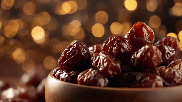 Bowl of dates with warm festive lights, traditional Ramadan Mubarak iftar concept

