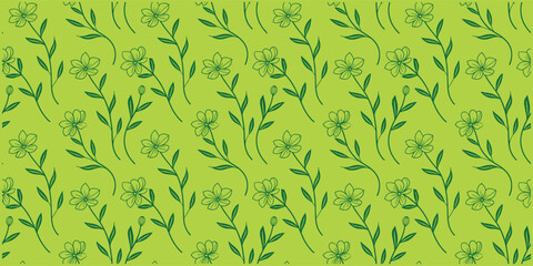 Fototapeta premium Seamless green floral pattern with delicate leaves and blooming branches on a vibrant background. Fresh botanical wallpaper design for textile, wrapping paper and surface . 