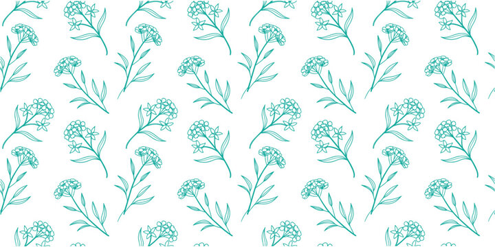 Seamless teal floral pattern with delicate hand drawn wildflowers and leaves on a light background. Minimal botanical wallpaper design for fabric, wrapping and surface . 