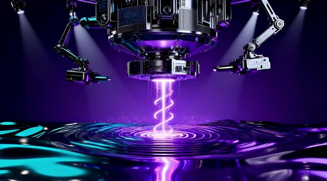 Futuristic Robotic Machine Emitting Glowing Purple Energy Beam into Abstract Metallic Liquid Surface, High-Tech Concept. 4k slow motion