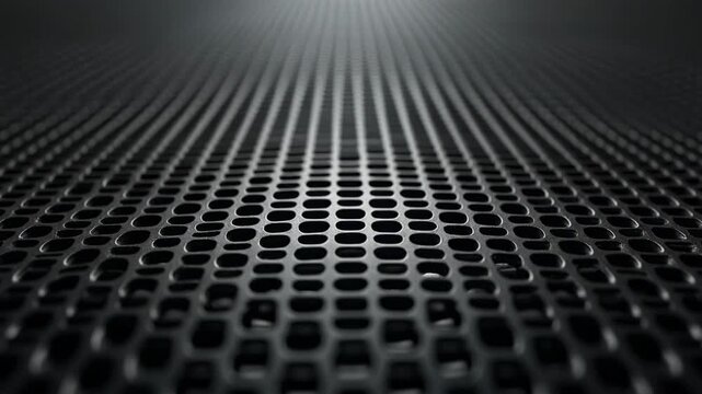 Black perforated metal mesh texture background with geometric grid pattern and shallow depth of field macro view