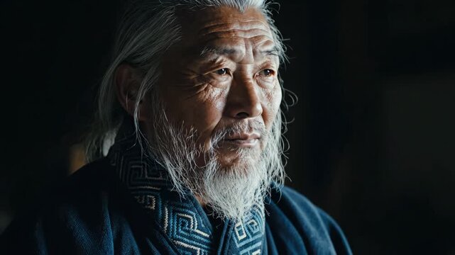 Portrait of an elderly man with a long white beard and traditional clothing in a dark setting from a frontal viewpoint