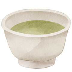 水彩風の湯呑みの緑茶｜抹茶・日本茶・茶托付き・和風イメージ