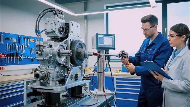 technicians calibrating industrial machinery inside lab environment performing measurements, sensor tests and precision adjustments using instruments and tablets for quality validation