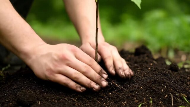 Hands gently plant a small sapling into rich soil creating new life and fostering growth in a natural outdoor setting