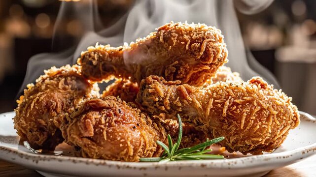 Delicious golden brown fried chicken pieces piled high and steaming gently A sprig of rosemary adds a touch of gourmet presentation to this tempting dish
