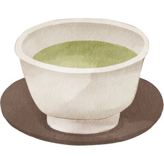 水彩風の湯呑みの緑茶｜抹茶・日本茶・茶托付き・和風イメージ