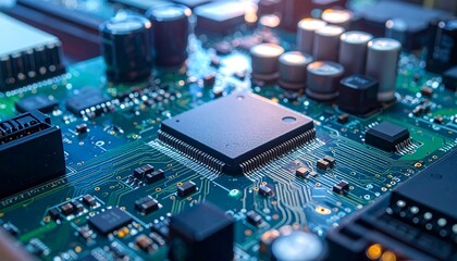 Close-up of computer motherboard with CPU and circuitry illuminated in blue and orange light.