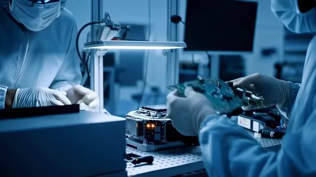 technician repairing harddrive components under task lamp with tweezers and microscope, meticulous soldering and head alignment performed to recover data, controlled lab environment
