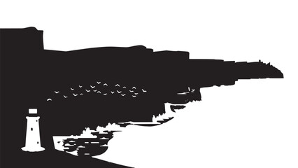Obraz premium Silhouette of Lighthouse Along a Rugged Coastal Cliff Along the Horizon.