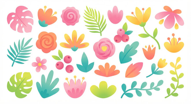 Vibrant collection of cheerful cartoon floral and botanical elements, perfect for diverse spring and summer themed graphic design projects and decorative patterns