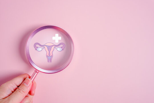 Preventive women health concept with uterus illustration under magnifying glass on pink background symbolizing screening early detection cervical cancer ovarian care and gynecology check