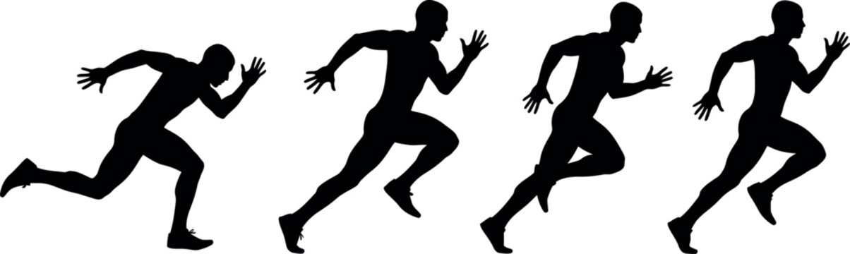 Four black silhouettes of men running in different poses