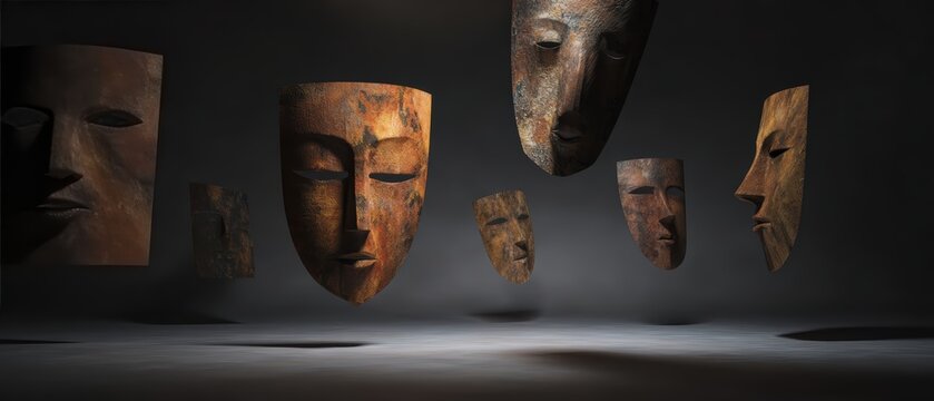 Abstract mask collection floating in void each representing different personality facets. Psychological persona exploration surreal identity themes fragmented self representation psychology art.