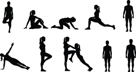 Obraz premium Black silhouette fitness exercises and yoga poses showing male and female bodies isolated on white background workout training flexibility strength balance illustration set