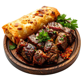 A generous portion of tajik qurutob with meat and sauce, captured from above and perfectly isolated on a white background