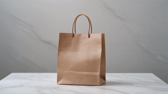 クラフト紙のショッピングバッグと大理石の背景によるサステナブルな買い物のイメージ素材