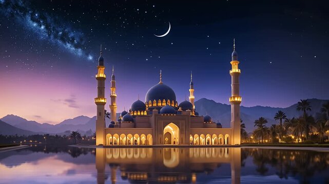 mosque at night with illuminated domes and minarets reflected on water