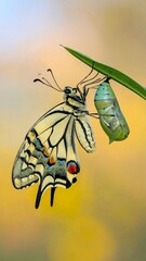 Swallowtail butterfly beside its chrysalis, hanging on a blade of grass, blurred bokeh