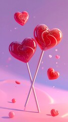 Sweet, pink Valentine's image with heart-shaped lollipops and floating hearts