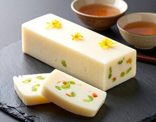 Sweet, sliced Japanese tofu dessert, garnished with flowers, served with tea