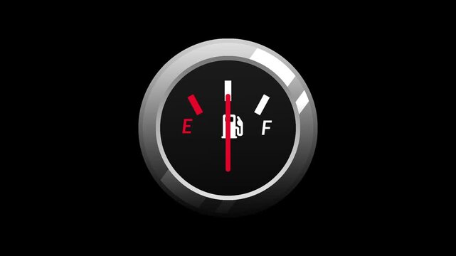 A circular dashboard gauge features a red needle positioned between e and f to monitor the current level of gasoline remaining in the fuel tank