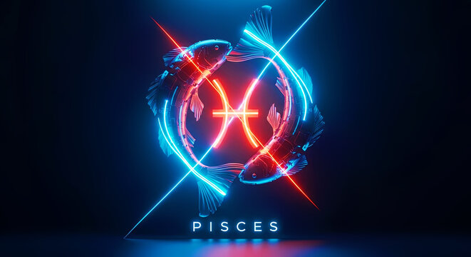 Pisces zodiac sign with two interconnected fish in neon light. Astrology symbol graphic for horoscope design and fortune telling.