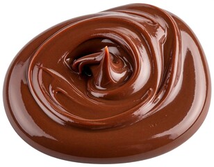 Swirl of glossy, dark brown chocolate spread with a peak on a white background