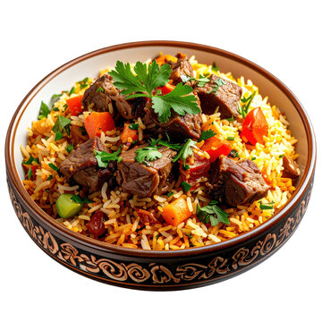 Aromatic turkmen pilaf featuring tender camel meat and golden rice, a regional specialty, beautifully captured and isolated on a white background