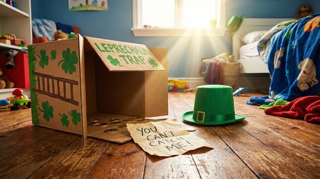 Leprechaun trap made from cardboard box with gold coins. St. Patricks Day celebration and childhood activity. Craft project for kids.