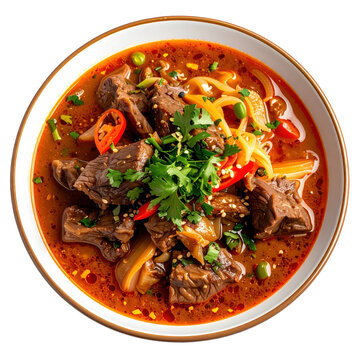 A portion of authentic uighur lagman soup with beef and hand-pulled noodles, professionally captured and isolated on a white background