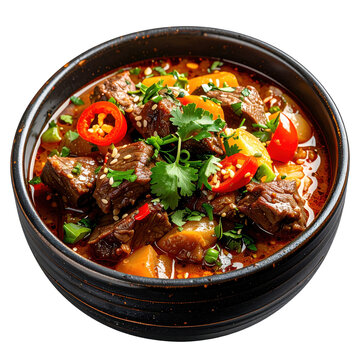A hearty bowl of uighur lagman with tender beef and fresh vegetables, presented on a dark plate, isolated on a white background
