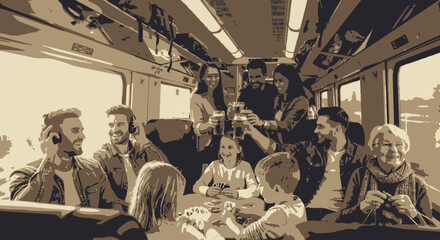 Group of friends enjoying a lively gathering inside a train carriage. © Story