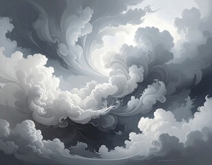 Swirling, intricate clouds fill the sky, an abstract storm brewing in monochrome tones