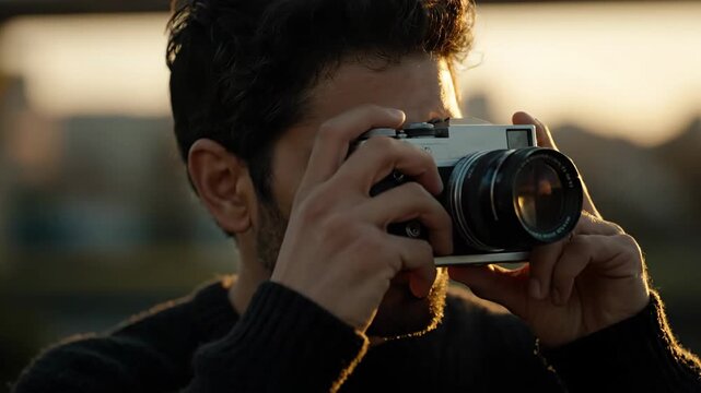 A man holds a vintage camera up to his eye capturing a moment during a warm sunset He is focused and engaged in the art of photography outdoors