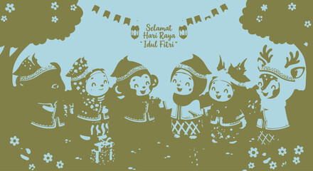 Festive Christmas card with children wearing winter hats and a reindeer silhouette. © Story