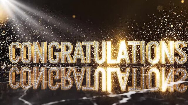 Congratulations typography with gold dust blends perfectly into the text. Text emerging from darkness, made of polished gold with diamond