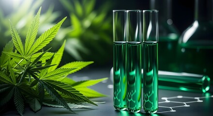 Medical cannabis research featuring green hemp leaves and test tubes filled with green liquid extract for laboratory pharmaceutical test