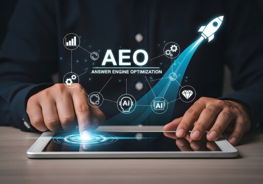 Answer engine optimization concept showing person using digital tablet with aeo text and artificial intelligence icons for marketing