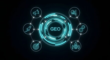 Digital infographic with GEO text at center surrounded by various business and technology icons on black background
