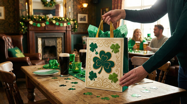 Man holding a green gift bag with a shamrock design on a wooden table for St. Patricks Day celebration in a pub