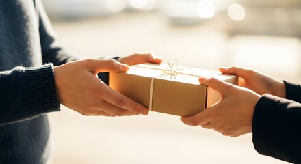 Hands exchanging gift box, delivery service concept, giving and receiving present, sharing joy