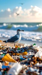 Seagull stands amidst trash pile on beach, ocean waves/sky blurred behind it