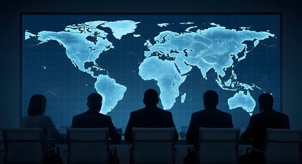 Team of people in dark room looking at glowing world map on large screen, global strategy meeting