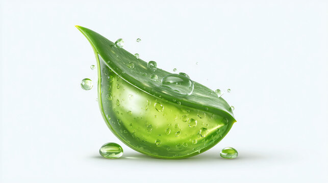 A close-up shot of a translucent aloe vera leaf with water droplets around it, showcasing its natural beauty