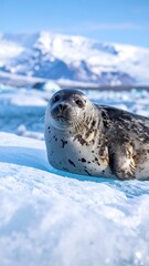Seal rests on ice with snow-capped mountains & blue sky in background, sunny