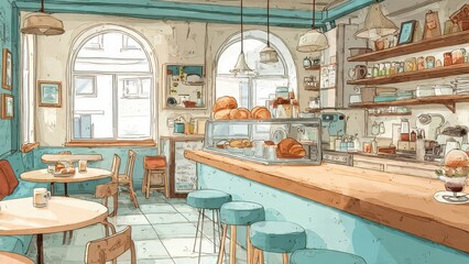 Fototapeta premium Cozy Cafe Interior With Wooden Tables And Shelves Full Of Pastries And Snacks On A Sunny Day