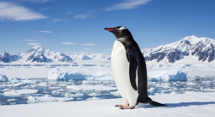 Obraz premium A lively Gentoo penguin stands alert on a vast, sparkling icy expanse, surveying the breathtaking Antarctic mountains and ice floes.