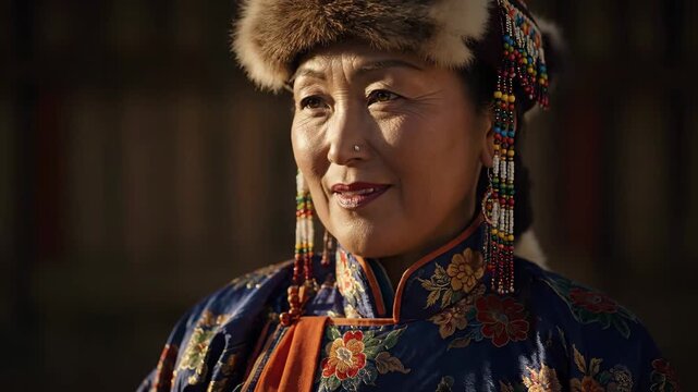 A dignified woman in traditional mongolian attire smiles serenely outdoors bathed in warm sunlight her fur hat and ornate clothing highlight cultural heritage and rich history
