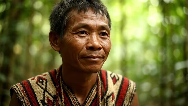 A man with weathered skin and kind eyes smiles gently amidst a lush green forest background He wears a vibrantly patterned traditional shirt
